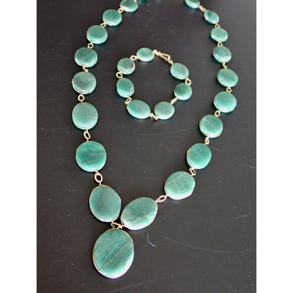 Green Aventurine Necklace & Matching Bracelet Stone Disk Gold Tone Wire Links - Picture 2 of 16